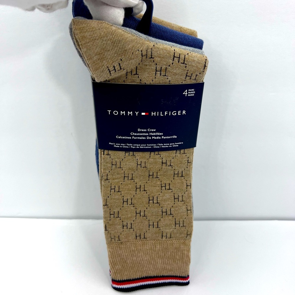 TOMMY HILFIGER,MEN’S DRESS CREW SOCKS, 4 PAIRS DECORATIVE TAN,GREY, BLUE 1 SIZE